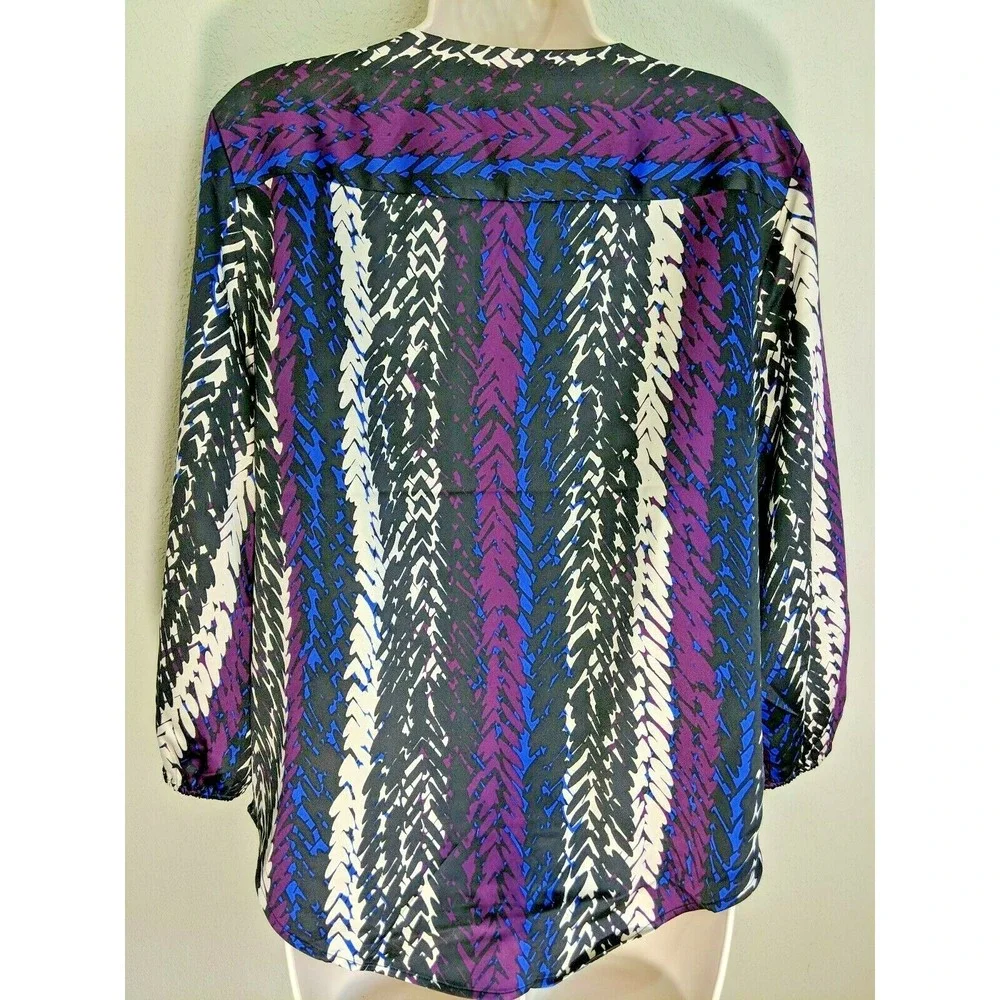 MARC NEW YORK Black Purple Blue Print Faux Wrap Blouse Hi Low Hem Size Small NWT - Picture 6 of 8